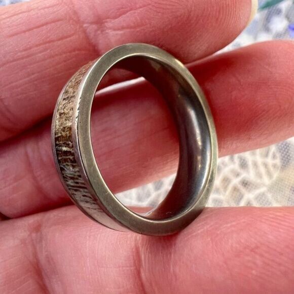 Woodsman Deer Antler Inlay Platinum Band Ring Unisex 8.75 - Picture 2 of 11